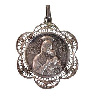 Vtg 925 Sterling Silver Pendant Virgin Mary Sacred Heart Jesus Sagrado Corazon